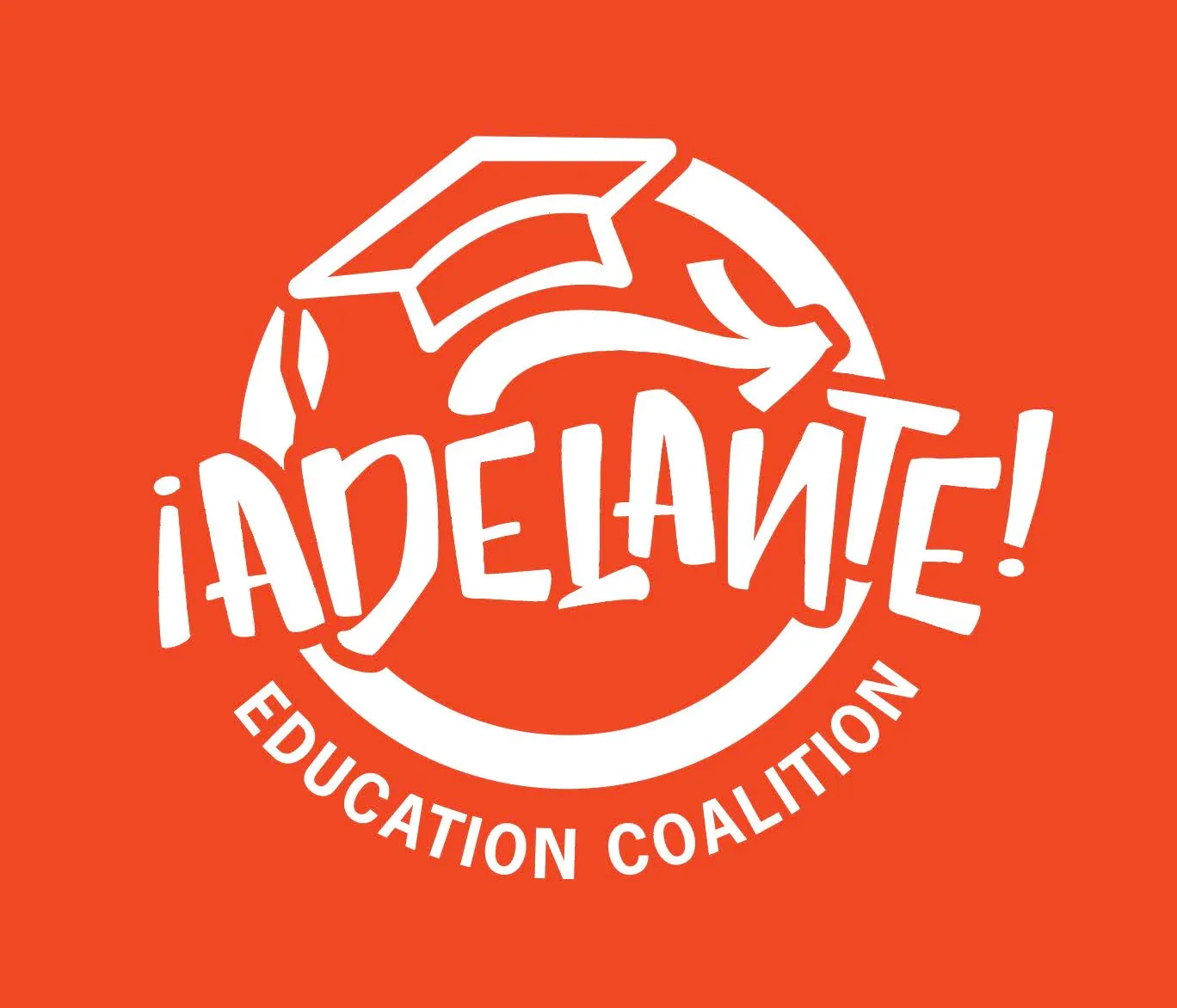 White circular emblem on a burnt-orange background with a graduation cap and forward-swooping arrow above hand-lettered iAdelante! and the words Education Coalition curving along the bottom.