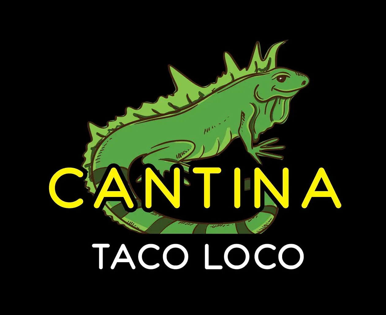 A hand-drawn green iguana coils behind yellow letterspaced Cantina and white Taco Loco type on a black background.