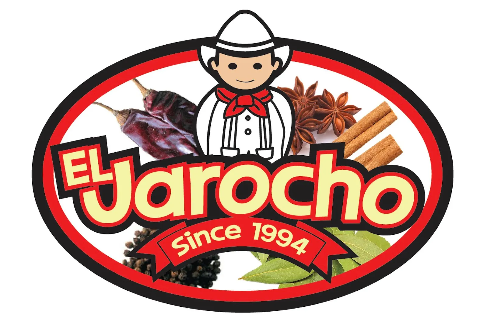 Red-and-black oval badge with a cartoon boy in a white hat and red neckerchief, surrounded by photos of dried chiles, star anise, cinnamon, peppercorns, and bay leaves, with cream El Jarocho lettering and a Since 1994 banner.