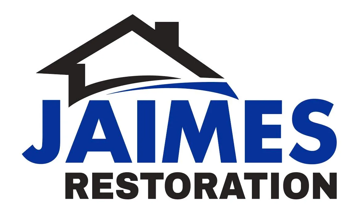 Bold blue capital letters spelling Jaimes with black Restoration beneath, under a black house-roof outline with a blue swoosh underline.