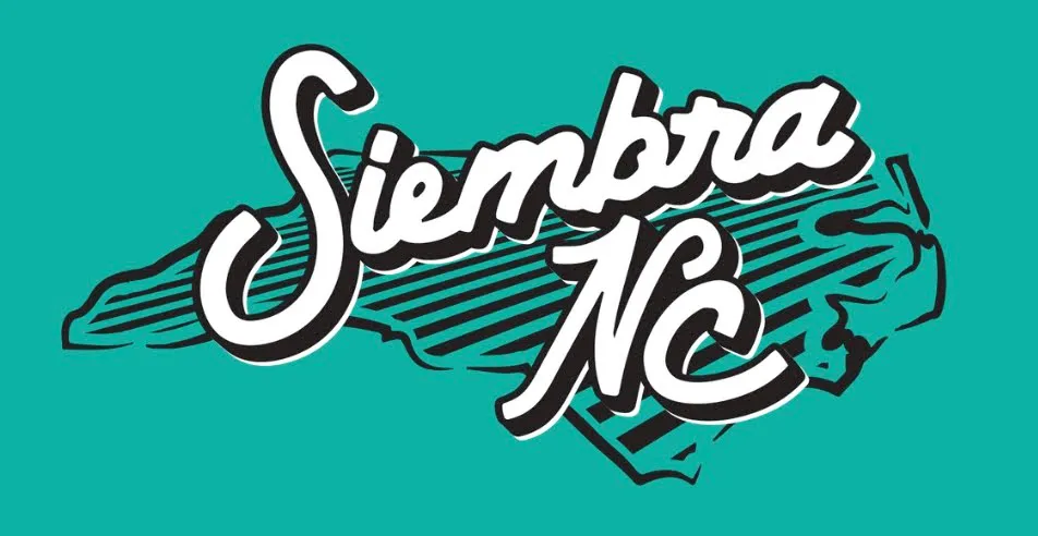 Retro white script reading Siembra NC with heavy black drop shadow, layered over a striped silhouette of the state of North Carolina on a teal background.