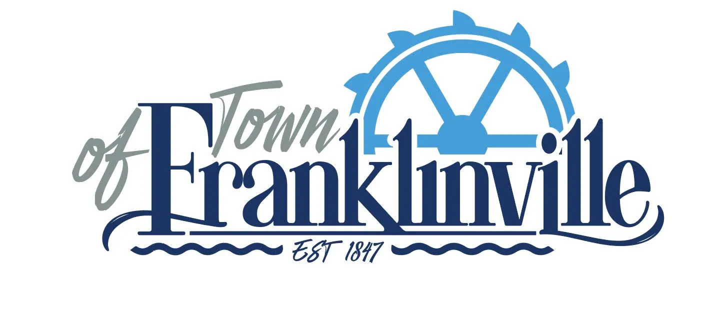 Navy and light-blue wordmark for the Town of Franklinville with a historic mill waterwheel above the lettering, wavy river lines beneath, and the tagline Est 1847.