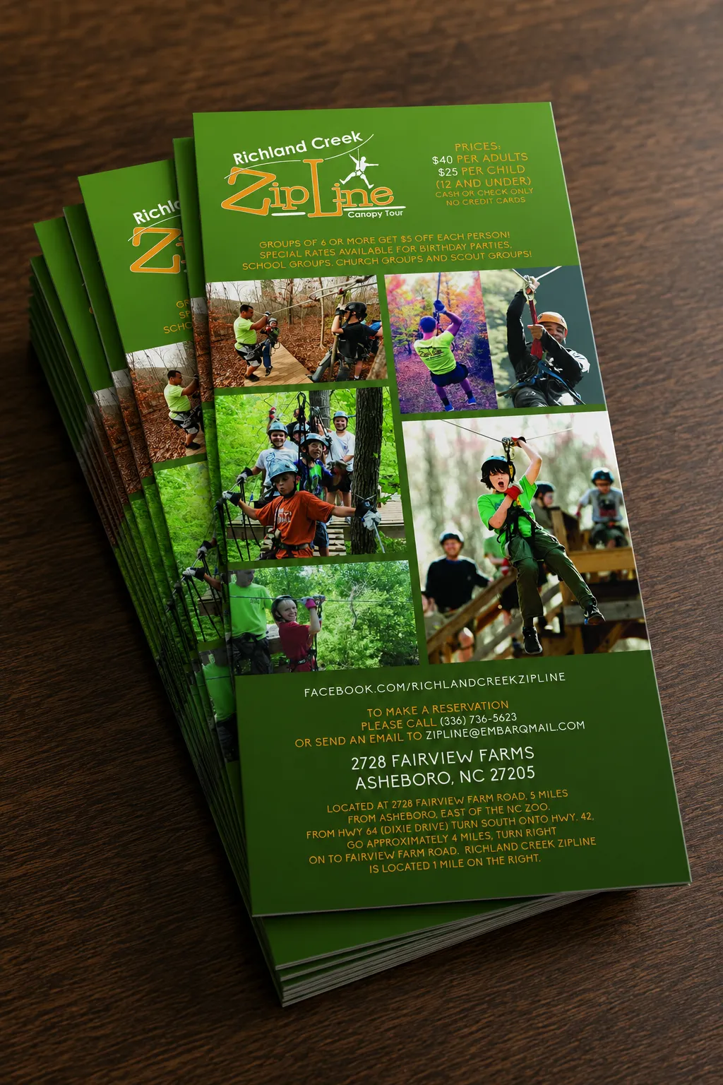 A stack of green Richland Creek ZipLine rack cards featuring a photo collage of zipliners in the trees plus pricing and location details.